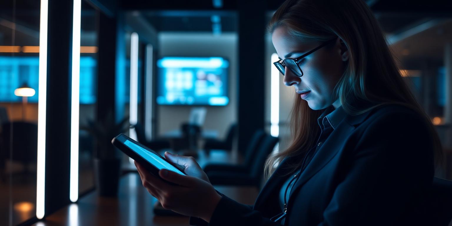 Professional thoughtfully using AI and digital technology in a modern workplace