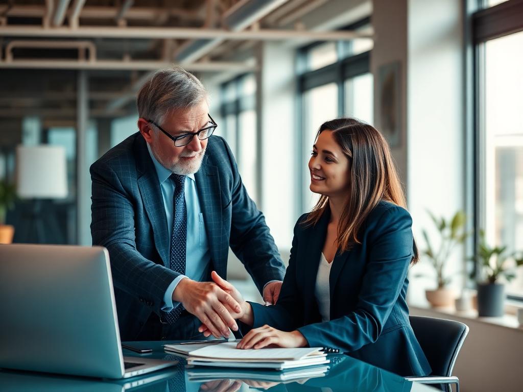 Experienced mentor supporting a professional learner in a modern office