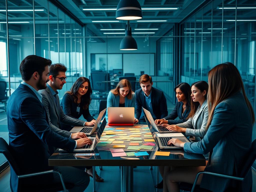 Professionals collaborating around a project table in a glass office