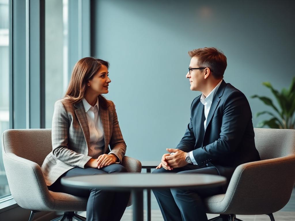 One-to-one executive coaching conversation between two professionals