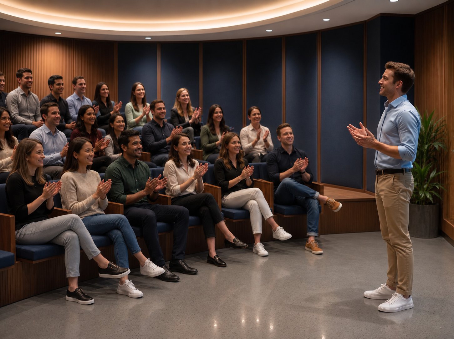 Young professional in smart casuals speaking to a small group in a luxury corporate office