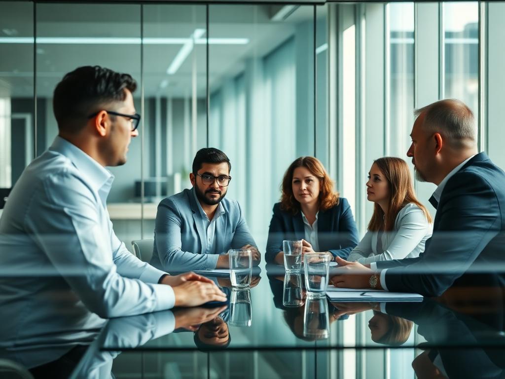 Senior executives actively leading a discussion around a meeting table