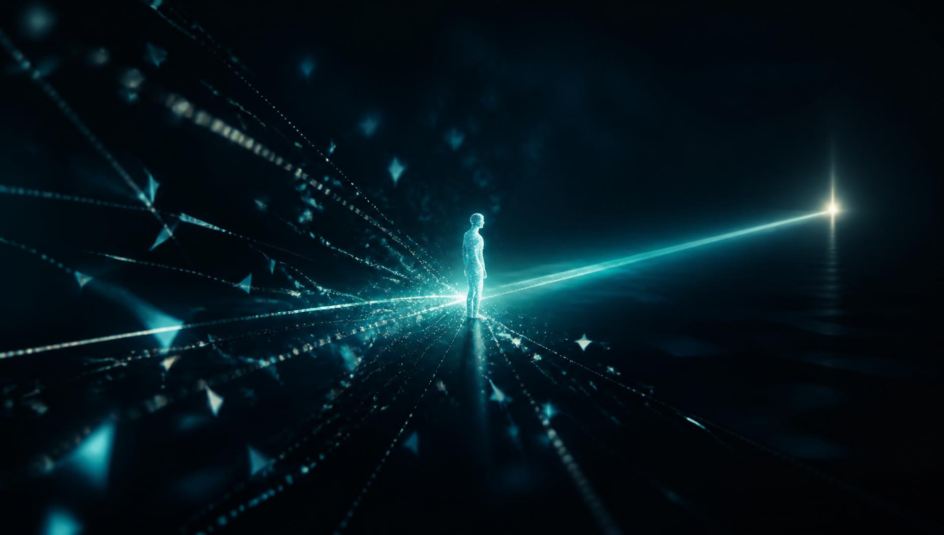 Abstract figure of light with one focused beam surrounded by fragmented digital signals