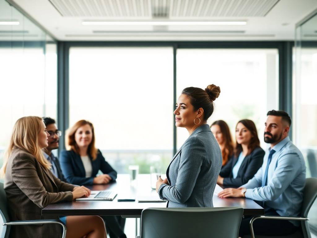 Professional speaking confidently to colleagues in a bright modern meeting room