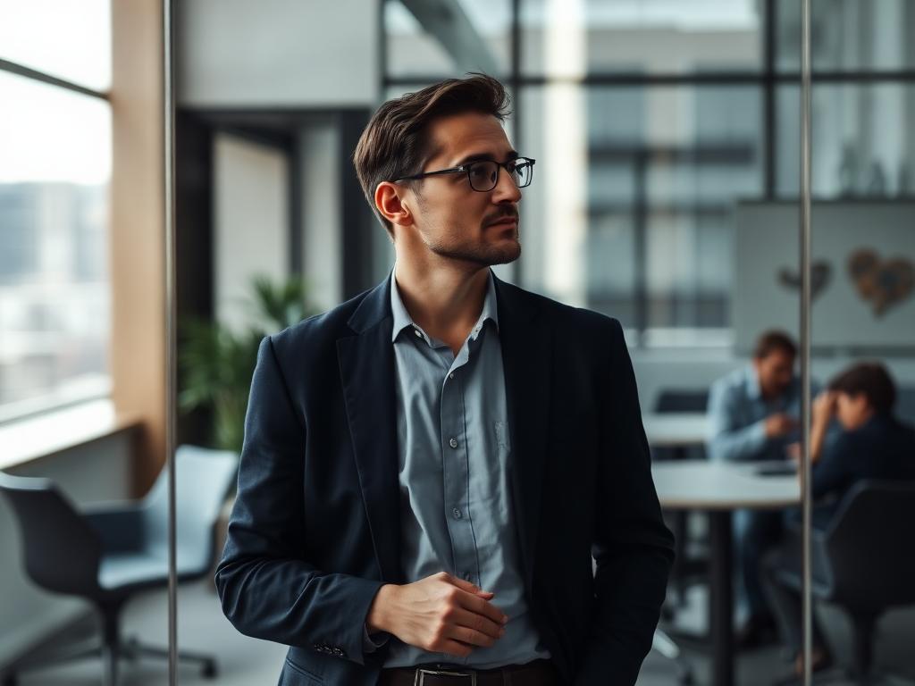 Thoughtful manager standing in a modern glass office observing a team meeting